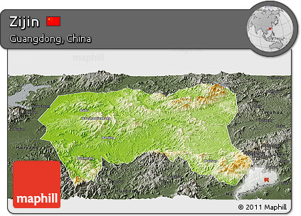 Physical Panoramic Map of Zijin, darken, semi-desaturated