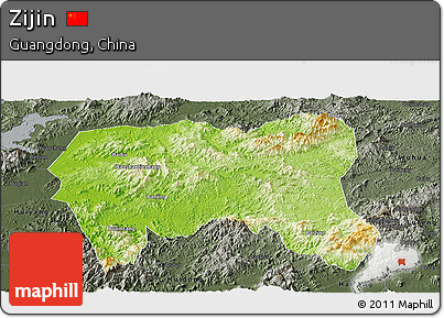 Physical Panoramic Map of Zijin, darken, semi-desaturated