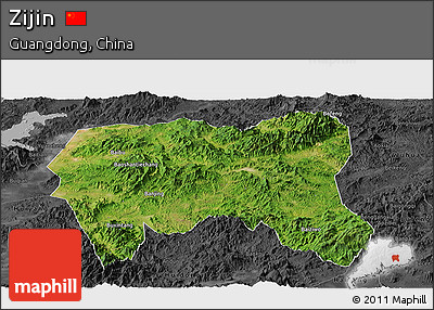 Satellite Panoramic Map of Zijin, darken, desaturated