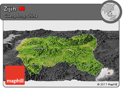 Satellite Panoramic Map of Zijin, darken, desaturated