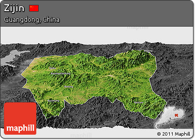 Satellite Panoramic Map of Zijin, darken, desaturated