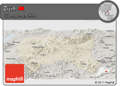 Shaded Relief Panoramic Map of Zijin, semi-desaturated