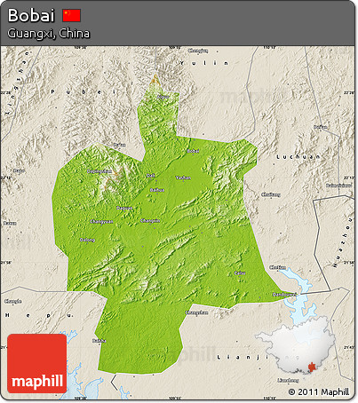 Physical Map of Bobai, shaded relief outside