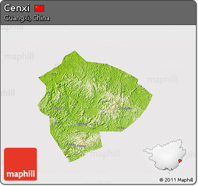 Physical 3D Map of Cenxi, cropped outside