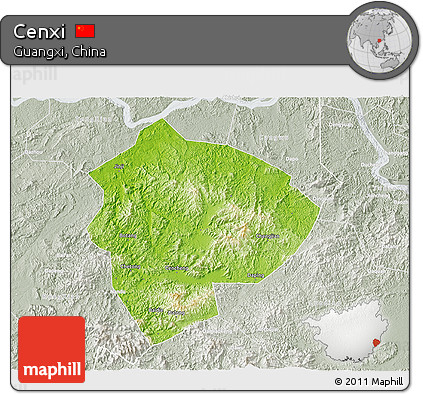 Physical 3D Map of Cenxi, lighten, semi-desaturated