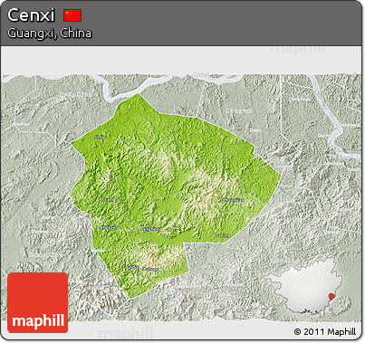 Physical 3D Map of Cenxi, lighten, semi-desaturated