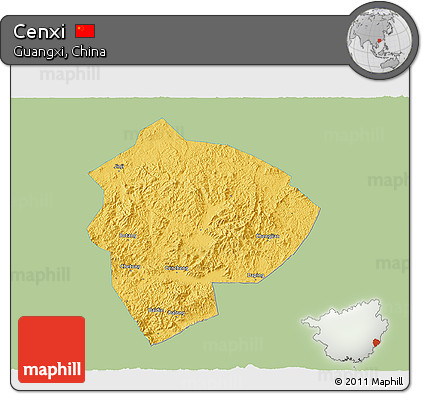 Savanna Style 3D Map of Cenxi, single color outside