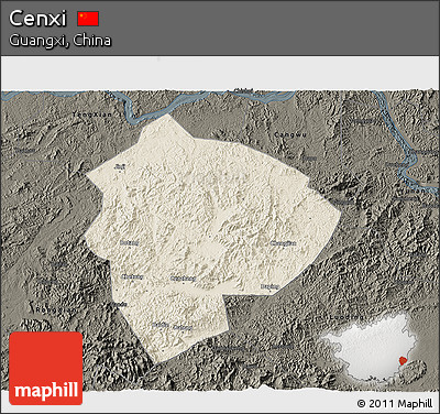 Shaded Relief 3D Map of Cenxi, darken