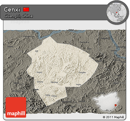 Shaded Relief 3D Map of Cenxi, darken