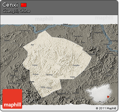 Shaded Relief 3D Map of Cenxi, darken