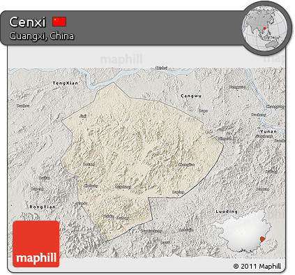 Shaded Relief 3D Map of Cenxi, semi-desaturated