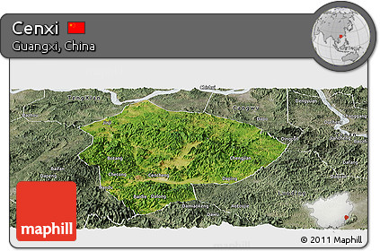 Satellite Panoramic Map of Cenxi, semi-desaturated