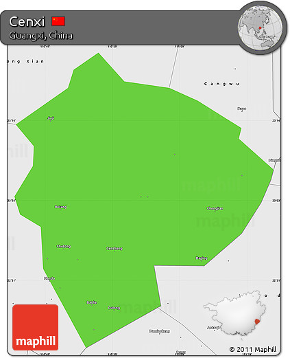 Political Simple Map of Cenxi, single color outside, borders and labels