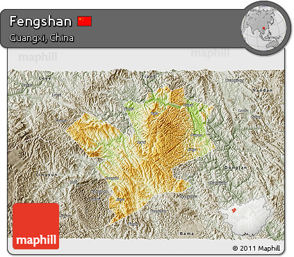 Physical 3D Map of Fengshan, semi-desaturated