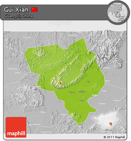 Physical 3D Map of Gui Xian, lighten, desaturated