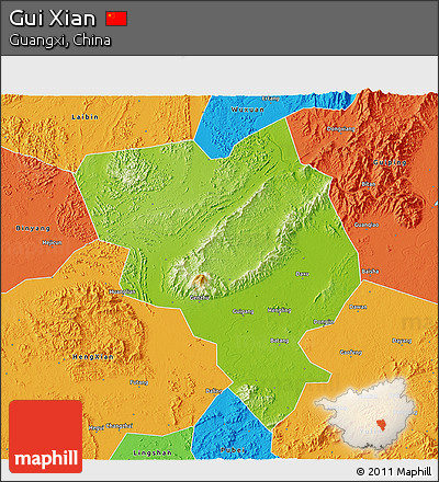 Physical 3D Map of Gui Xian, political outside