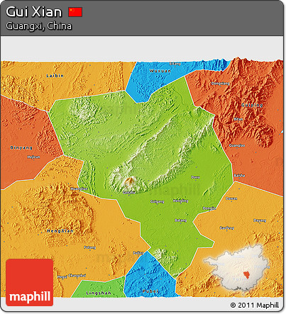 Physical 3D Map of Gui Xian, political outside