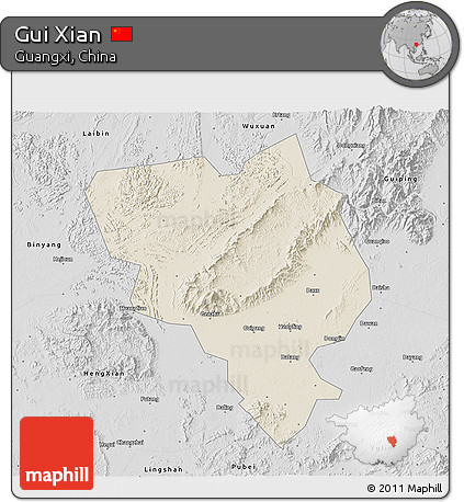 Shaded Relief 3D Map of Gui Xian, desaturated