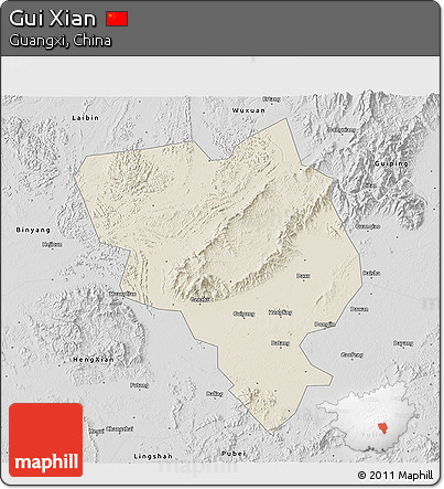 Shaded Relief 3D Map of Gui Xian, desaturated