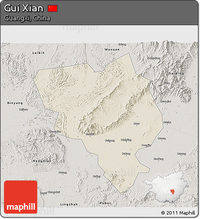 Shaded Relief 3D Map of Gui Xian, semi-desaturated