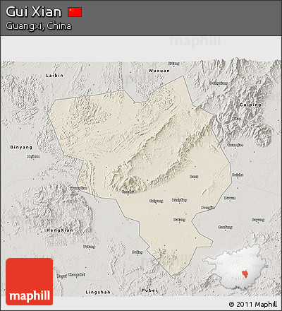 Shaded Relief 3D Map of Gui Xian, semi-desaturated