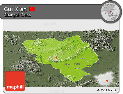 Physical Panoramic Map of Gui Xian, darken, semi-desaturated