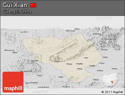 Shaded Relief Panoramic Map of Gui Xian, desaturated