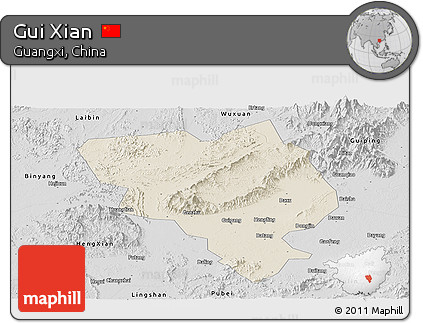Shaded Relief Panoramic Map of Gui Xian, desaturated