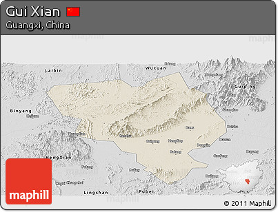 Shaded Relief Panoramic Map of Gui Xian, desaturated