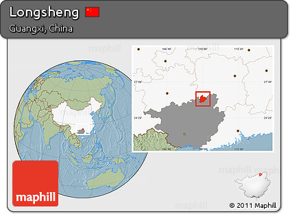 Savanna Style Location Map of Longsheng, highlighted country, highlighted parent region, hill shading