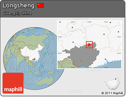 Savanna Style Location Map of Longsheng, highlighted country, highlighted parent region, hill shading