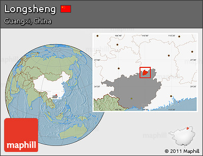 Savanna Style Location Map of Longsheng, highlighted country, highlighted parent region, hill shading