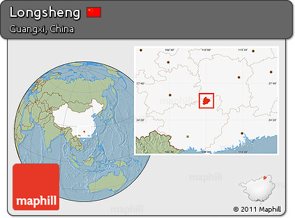 Savanna Style Location Map of Longsheng, highlighted country, hill shading