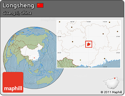 Savanna Style Location Map of Longsheng, highlighted country, hill shading