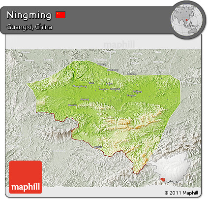Physical 3D Map of Ningming, lighten, semi-desaturated