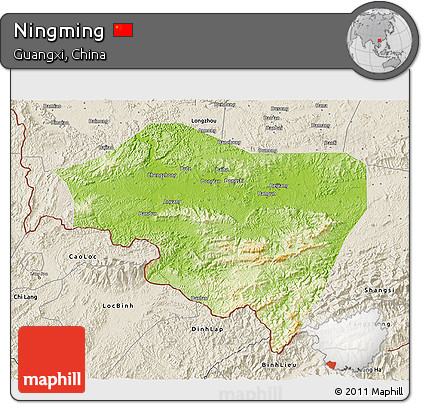 Physical 3D Map of Ningming, shaded relief outside