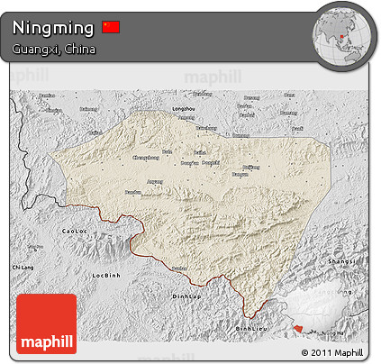 Shaded Relief 3D Map of Ningming, desaturated