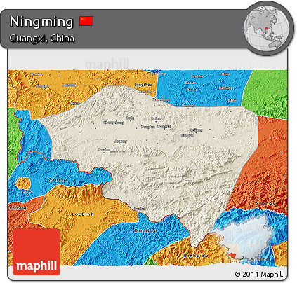 Shaded Relief 3D Map of Ningming, political outside