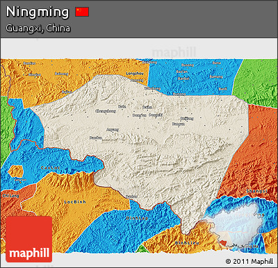 Shaded Relief 3D Map of Ningming, political outside