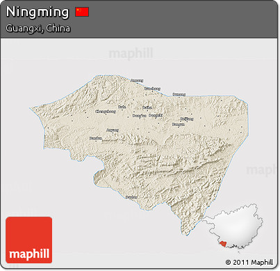 Shaded Relief 3D Map of Ningming, single color outside