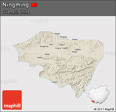 Shaded Relief 3D Map of Ningming, single color outside