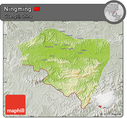 Physical Map of Ningming, lighten, semi-desaturated