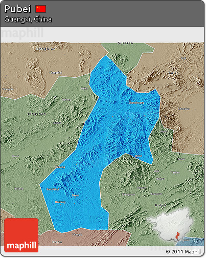 Political 3D Map of Pubei, semi-desaturated