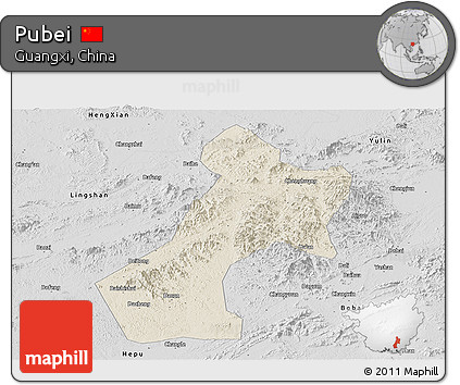 Shaded Relief Panoramic Map of Pubei, desaturated
