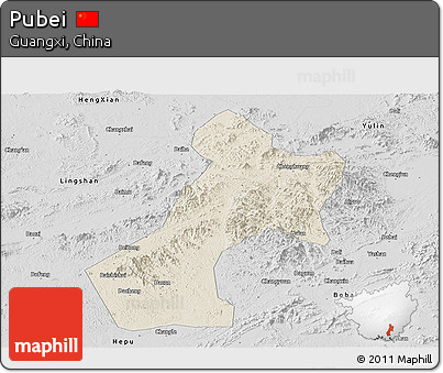 Shaded Relief Panoramic Map of Pubei, desaturated