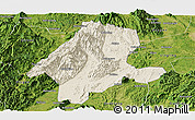 Shaded Relief Panoramic Map of Quanzhou, satellite outside