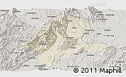 Shaded Relief Panoramic Map of Quanzhou, semi-desaturated