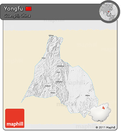 Classic Style 3D Map of Yongfu, single color outside