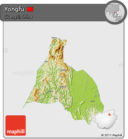 Physical 3D Map of Yongfu, single color outside