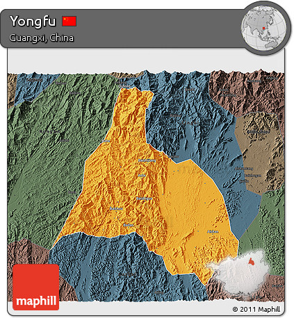 Political 3D Map of Yongfu, darken, semi-desaturated